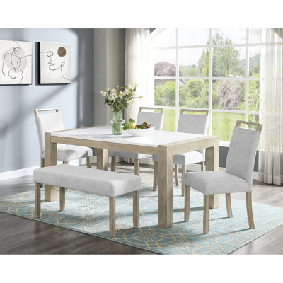Modern Style 6pc Dining , Rectangular White Marble Table And Upholstered Chair Assembly In Taste, Collection