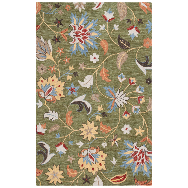 Jardin Handtufted Wool Cotton Floral Rug in Green/Blue, Rectangle 2" x 3"
