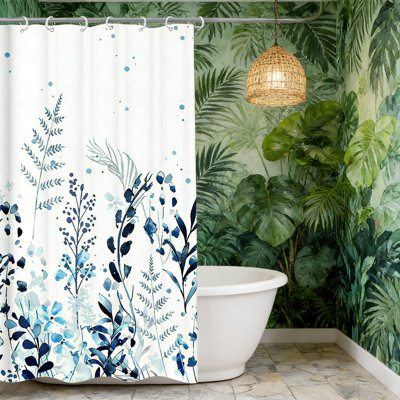Shower Curtain Plants for Bathroom,Waterproof Quick-Drying Blue Leaves Shower Curtain Set with Hooks 59x71 Inch