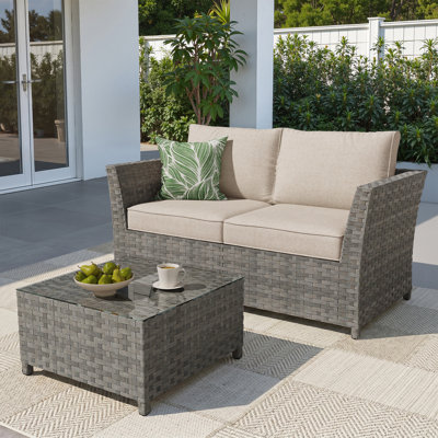 Briela No Assembly Required Wicker Patio Sofa Modular Loveseat with Cushions and Coffee Table