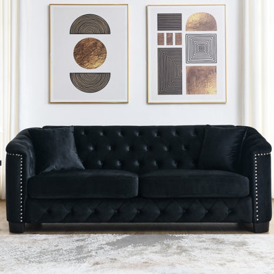 77 pouces rembourrés avec 2 coussins et garniture cloutée pour le bureau, le salon - noir, assise ergonomique douce