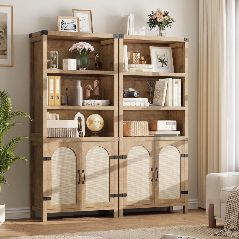 70" Rustic Wooden Bookcase with Doors, 3-Shelf Floor Standing Storage Cabinet for Living Room, Bedroom, or Office, Natural