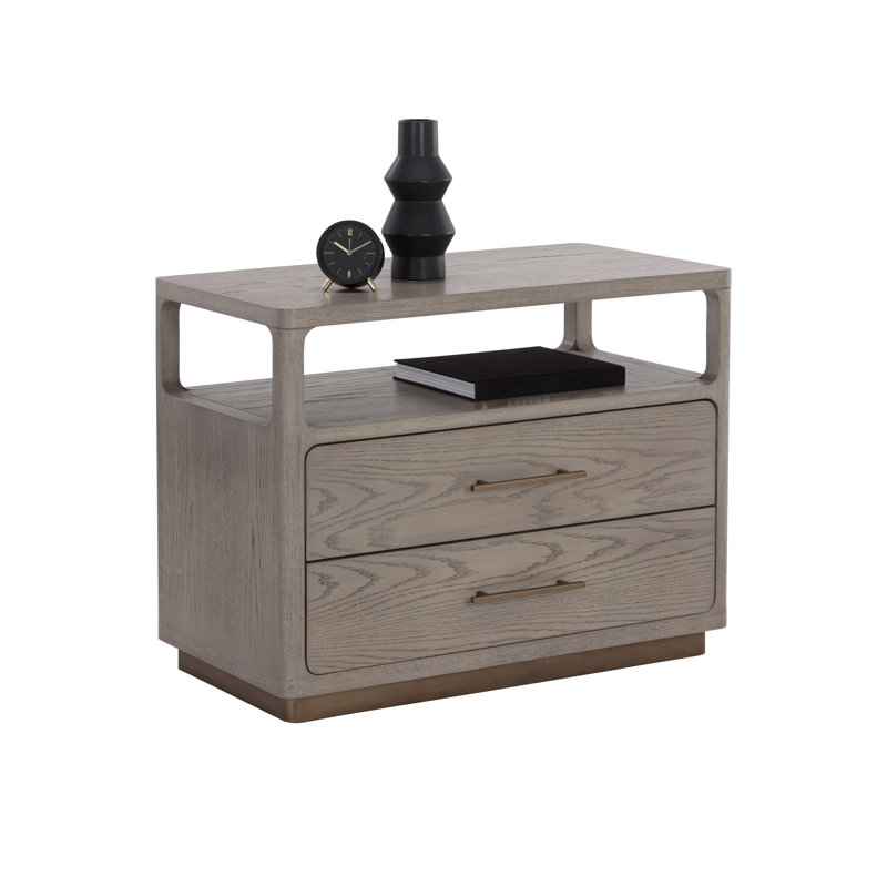 Gray Oak Veneer Nightstand with Brass Hardware