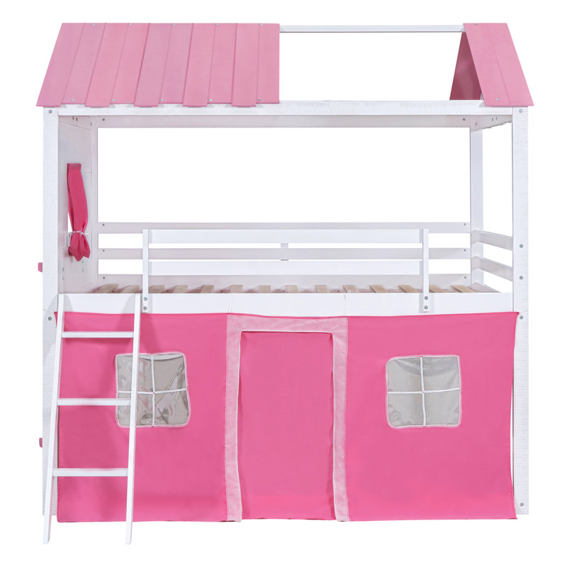 Lit double superposé en bois pleine grandeur avec fenêtres élégantes, rebords et tente, rose et blanc, Pink/White