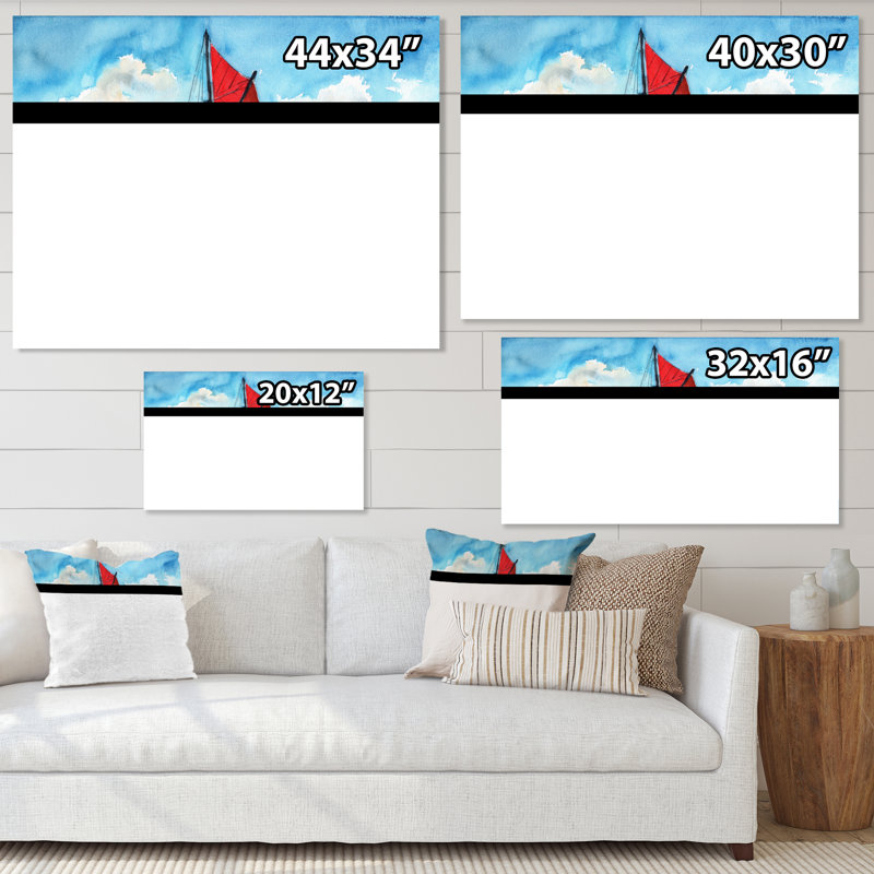 Voilier avec voiles rouges sur l'océan bleu - Peinture sur toile, H 16 po x l 32 po, Toile tendue