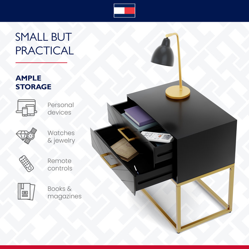 Ellias Modern 2-Drawer Nightstand with Semi-Gloss Black Finish and Gold Metal Base