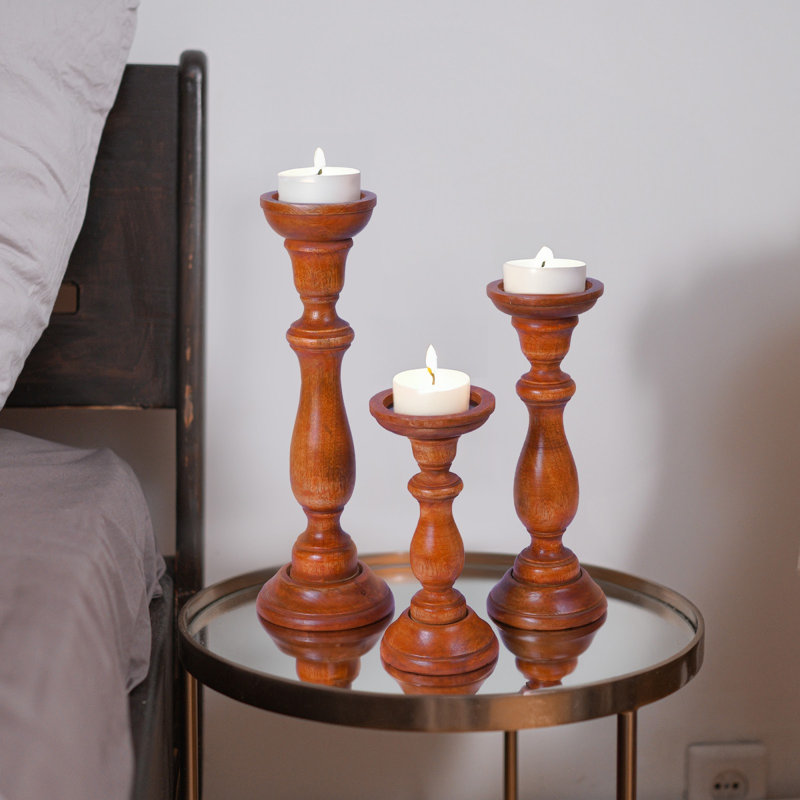 Mela Artisans Tuli Handcrafted Candleholder in Medium Polish, Set of 3, Brown