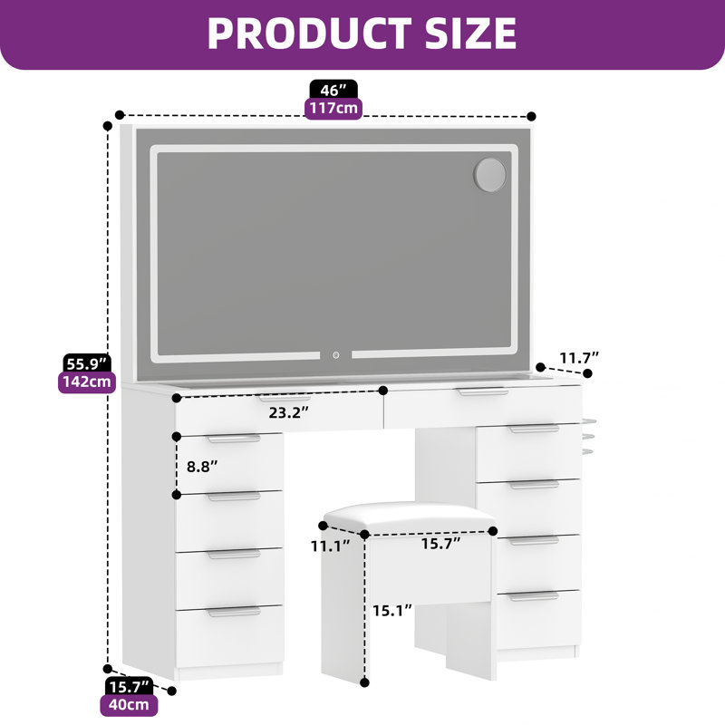 Vanity Set With LED Mirror, White