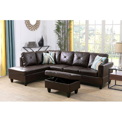 Brown Faux Leather 3-Piece Sectional Sofa Set with Storage Ottoman