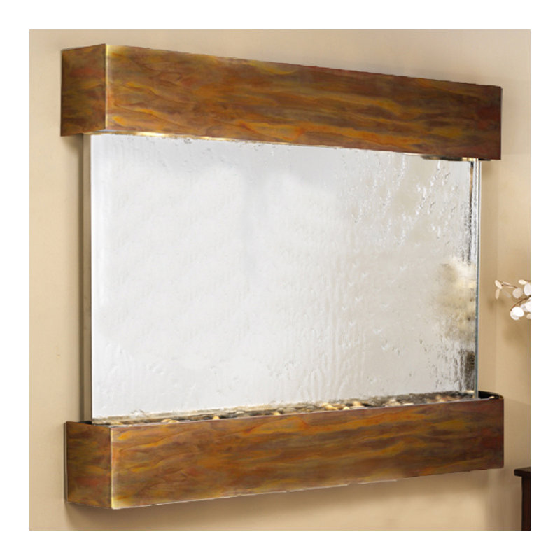 Teton Falls Fountain with Light, Rustic Copper, Silver Mirror