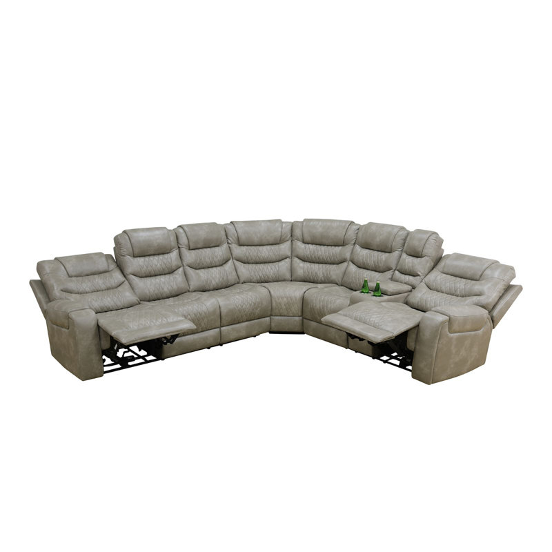 Ensemble de canapé modulaire inclinable 3 pièces en similicuir gris respirant avec canapé, coin, causeuse, console de rangement, porte-gobelets, ports USB et éclairage à DEL