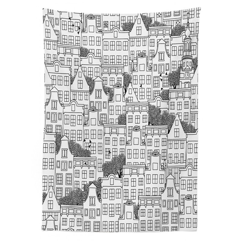 Urban Tablecloth, Modern Illustration Of Dutch Style European Houses Buildings Busy Urban Life Sketch, Rectangular Table Cover For Dining Room Kitchen Decor, 52" X 70", Black White