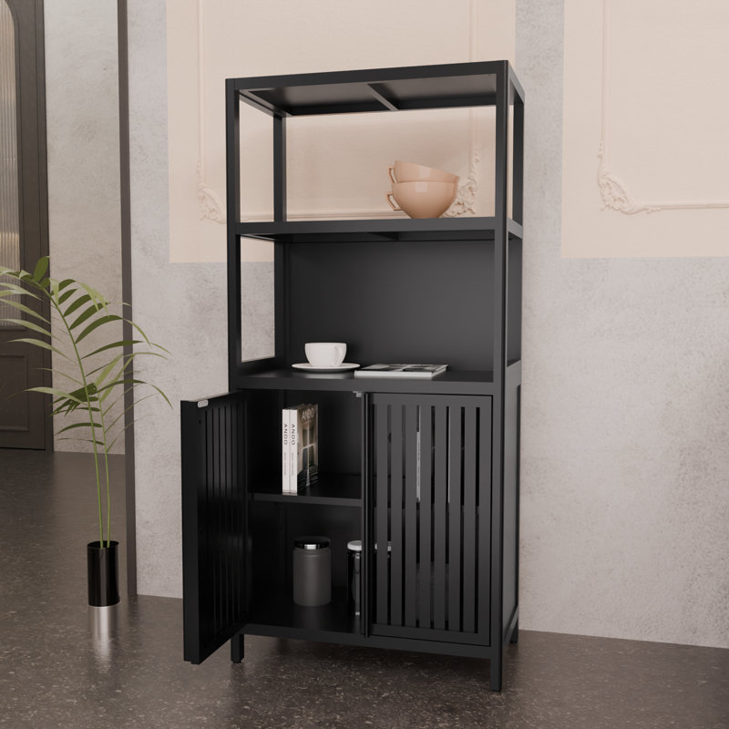Bamboo Storage Cabinet, Freestanding Bathroom Cabinet with 2 Doors, Floor Cabinet Organizer, Black