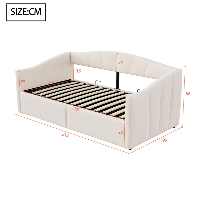 Daybed With Hydraulic Storage & Drawers, European Single (90 x 200 cm), Beige