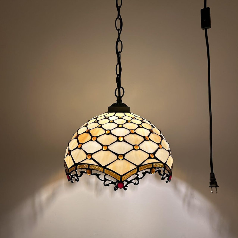 Beige Stained Glass Crystal Bronze Pendant Light with LED Bulb