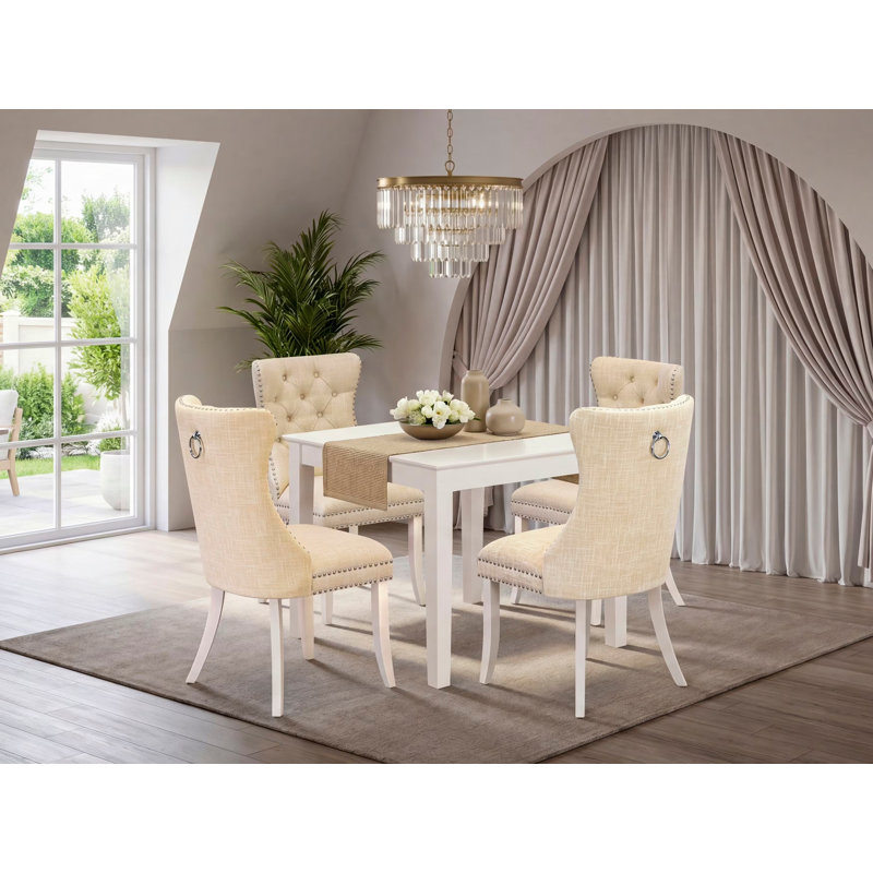 Ensemble de 5 pièces pour petits espaces comprenant une table de salle à manger carrée et 4 chaises rembourrées, lin blanc