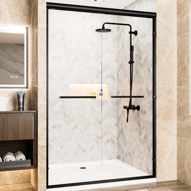 48" W X 72" Hdouble Sliding Shower Doormatte Black Aluminumclear Tempered Glassanti-Shatter Filmcorrosion-Resistanteasy Setupbathroom Use Aluminum Frameclear Glasswaterproof Designreversible