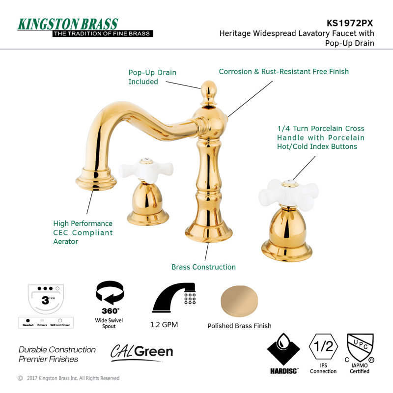 Kingston Brass Heritage Two-Handle 3-Hole Deck Mount Widespread Bathroom Faucet with Brass Pop-Up Drain, Polished Brass