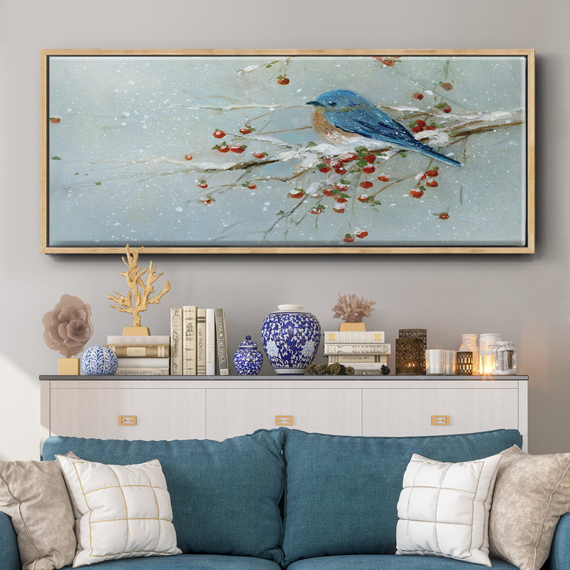 Oiseau bleu en hiver - toile encadrée, H 8 po x l 20 po