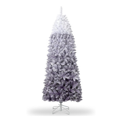 4.5/6/7.5/9ft Gradient Snow Flocked Pencil Christmas Tree – Slim Artificial Xmas Tree with Metal Stand, Skinny Holiday Decoration for Home & Office