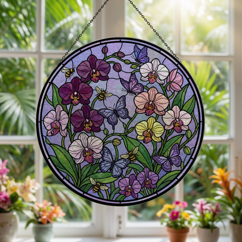 Panneau de vitrail 12 "H Orchid Butterfly, 12" H x 12" W