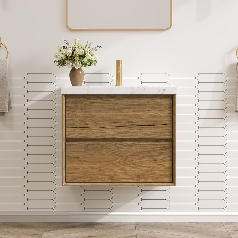 Wall-mounted Bath Vanity With Engineered Marble Top, 30", Natural wood