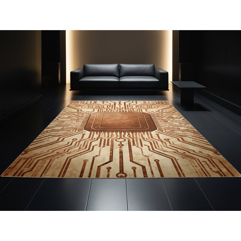 Machine Washable Oscor Futuristic Brain Chip Modern Rustic Vintage Look Rug in Brown – Beige Binding, 7x10