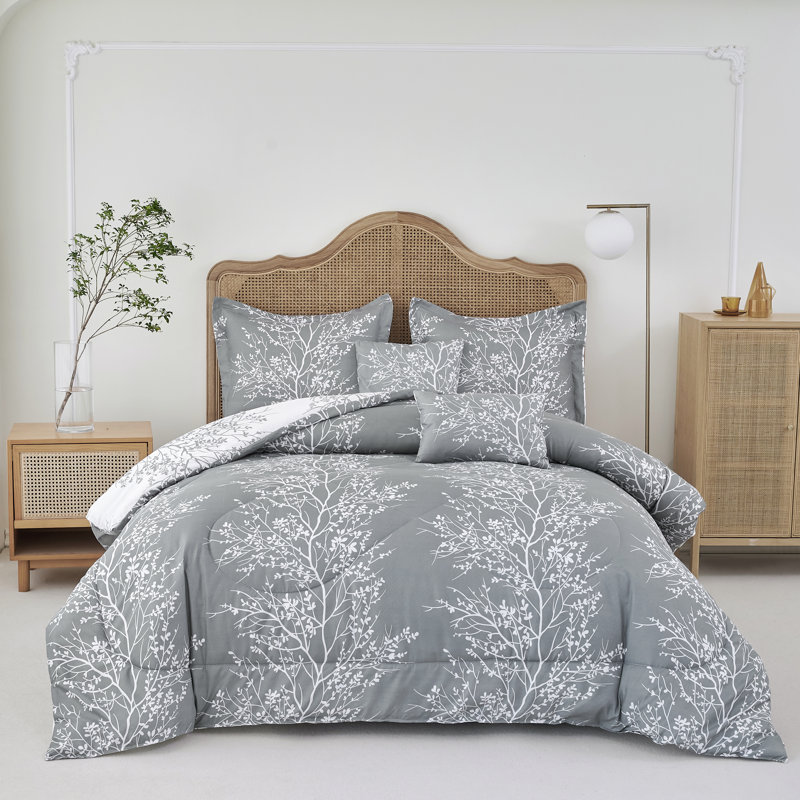 Foliage Reversible Comforter Set, Gray/White, King Comforter Set + 5 Additional Pieces
