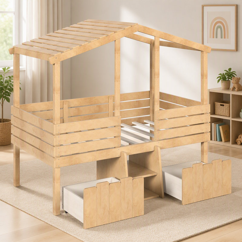 Lit mezzanine avec escalier et tiroirs, Naturel