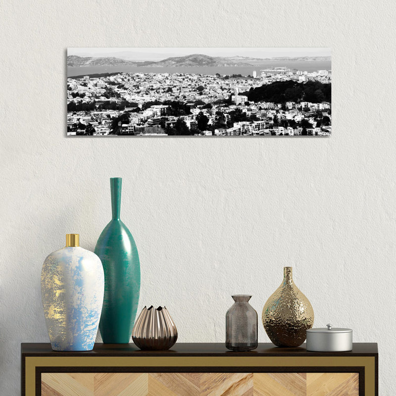San Francisco Panoramic Skyline Cityscape (Black & White) - Wrapped Canvas Panoramic Print