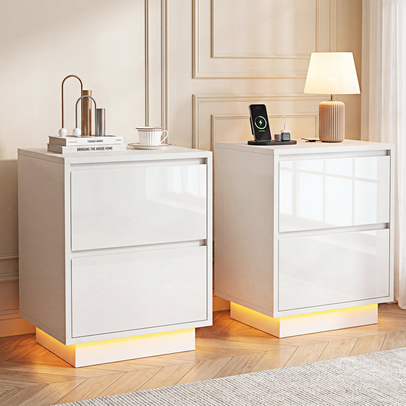  Tables de chevet à DEL ultrabrillantes avec prises de courant, tables de chevet à 2 tiroirs et table de bout pour la chambre à coucher