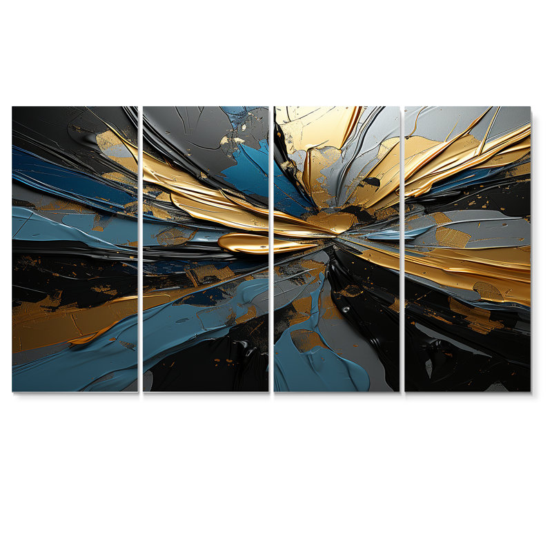 «Abstract Waves Blue Gold Outburst», art mural abstrait 4 pièces, H 28 po x l 48 po