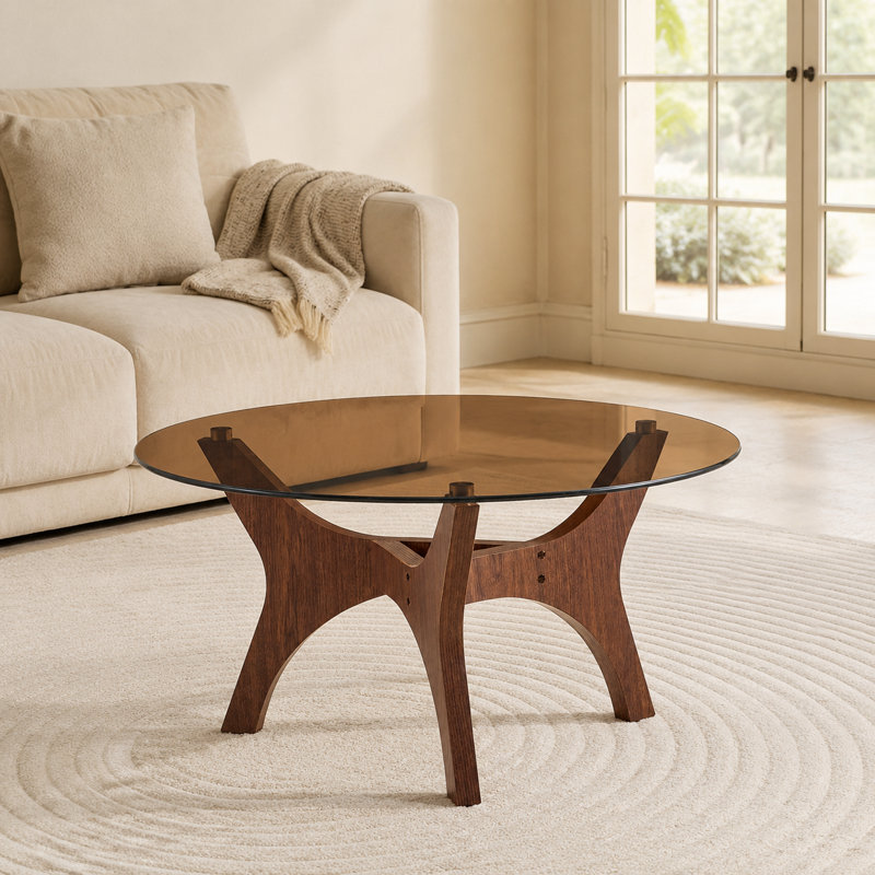 Table basse de style Mid-Century moderne en verre, table d'appoint minimaliste avec plateau en verre trempé et support incurvé robuste
