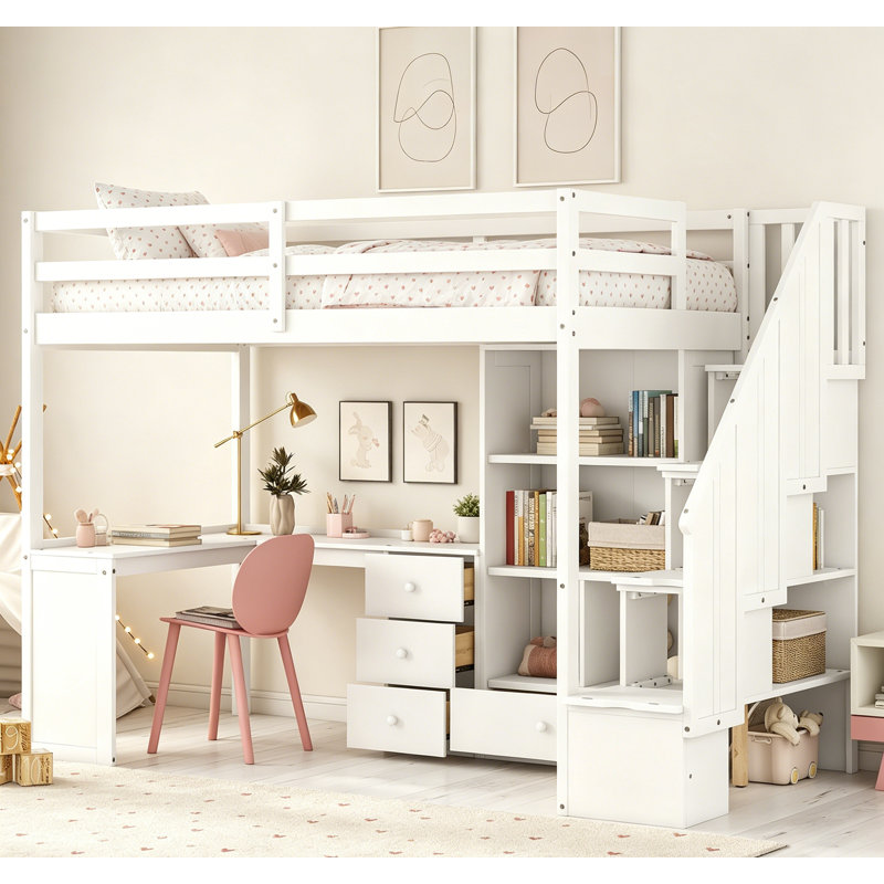Lit mezzanine simple avec bureau en L, tiroirs, armoire et escalier de rangement, maximisant l'espace et le rangement, White