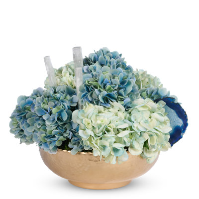 Blue hydranges in gold hammered metal container