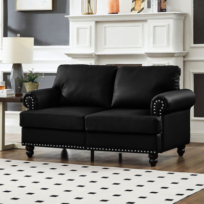 Cuir classique moderne de 59,5 po, cuir de vache noir, clous argentés sur accoudoir rond, structure en bois massif et contreplaqué, coussin de siège à ressorts, housse amovible, accoudoir en cuir de vache américain avec clous,
