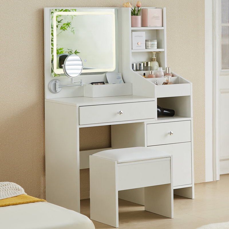Demri Modern Dressing Table with Led Mirror, 2 Drawers and 6 Shelves
