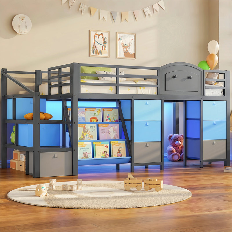 Kids Low Loft Bed with 9 Storage Drawers and 3 Tiers Bookshelf Reading Nook LED Under-bed Play House, Blue