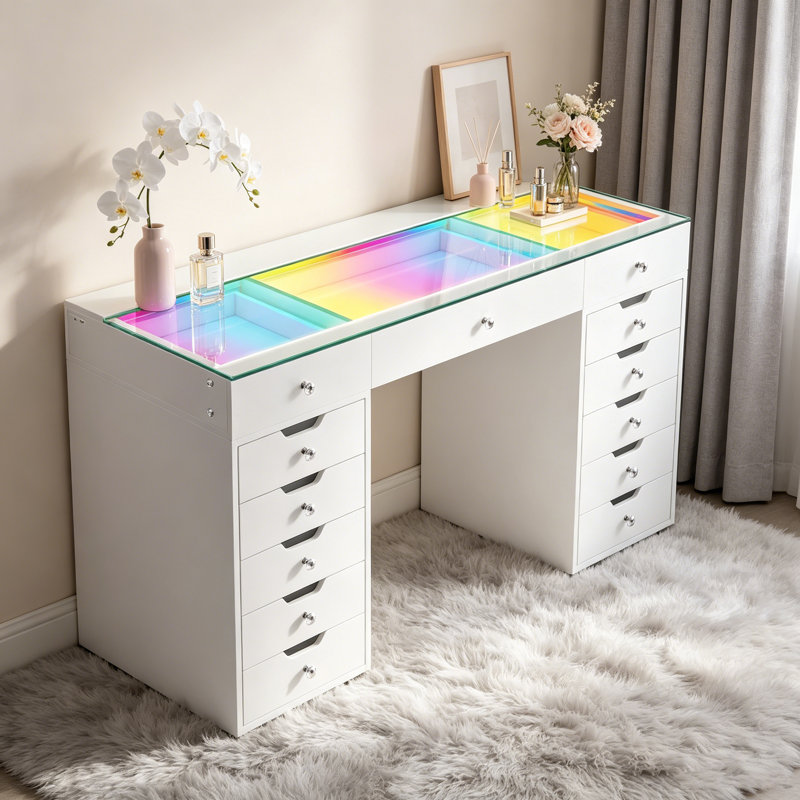 Pre‑Assembled Large 59" Makeup Vanity Desk, RGB Light Strip Glass Top Dressing Table with 13 Drawers, USB‑C Port, Easy 3‑Piece Assembly