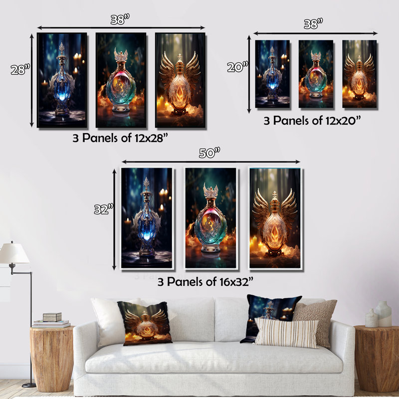 «Retro Perfume Bottle Exquis Design», 3 pièces sur toile, Cadre flottant noir, H 32 po x l 48 po