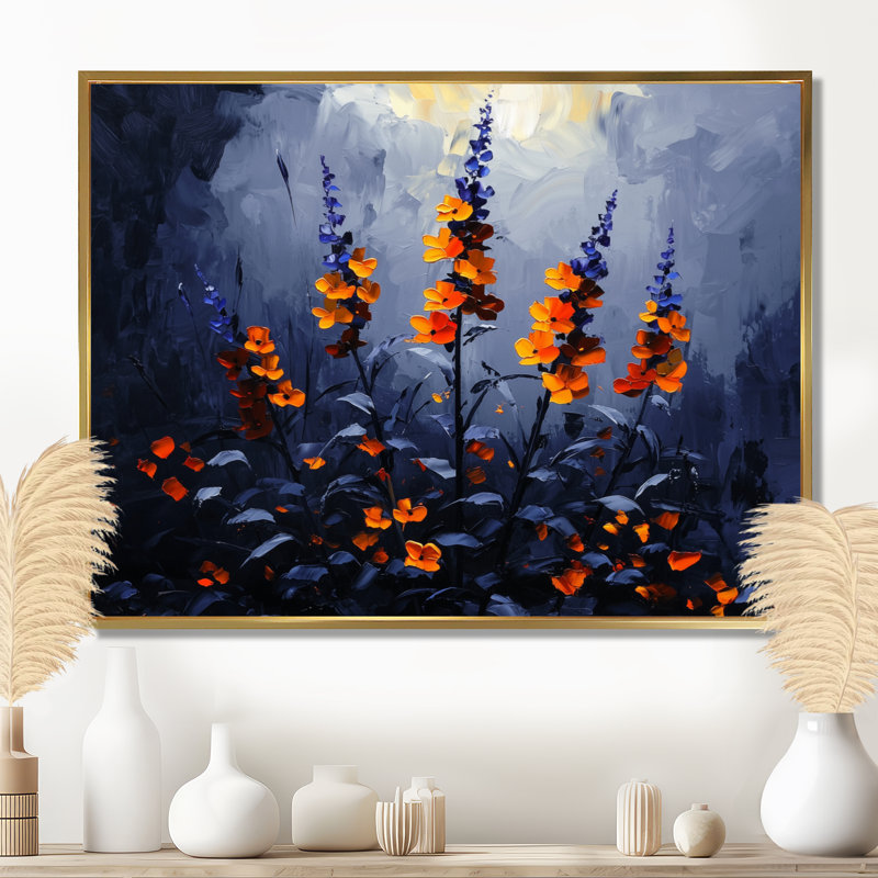 «Night Forest Plants In The Dark I», art mural plantes, Cadre flottant doré, 30" H x 40" W