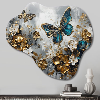 Golden Blue Butterfly Wings And Flowers V - Floral Cloud Shape Metal Wall Sculpture