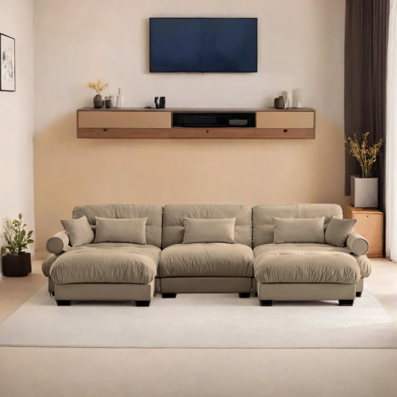 Canapé modulaire moderne en U à trois places avec coussins lombaires, coussins décoratifs et accoudoirs rembourrés avec deux repose-pieds amovibles