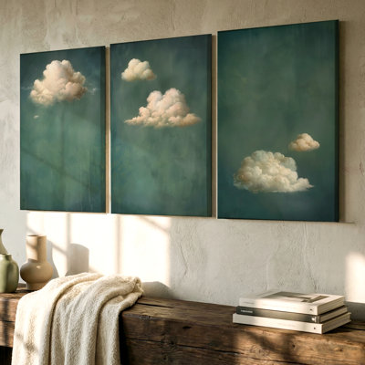 3 Pieces Dreamy Cloudscape Large Wall Art with Soft Green Background, Three Pieces Wall Art for Living Room, Bedroom, and Office Decor, Ready to Hang