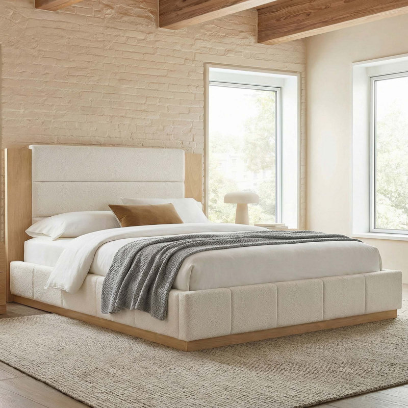 Structure de lit plateforme tapissier avec tête de lit en bois allongée et base en bois, White, King
