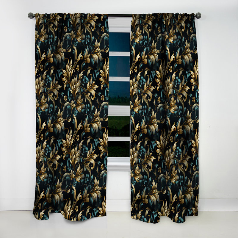 Bleu foncé et doré Techno Damask Realm I - Rideau damassé - Rideau occultant - 1 panneaux, L 52 po x L 90 po