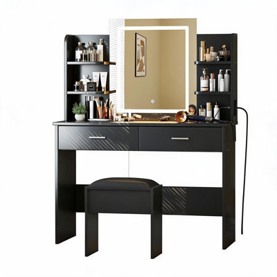 Bureau de meuble-lavabo avec lumières, miroir lumineux tri-mode à DEL et station de charge, ensemble de coiffeuse à maquillage avec 6 tablettes, 2 tiroirs, tabouret à coussin souple, bureau de meuble-lavabo à intensité variable pour la chambre à coucher