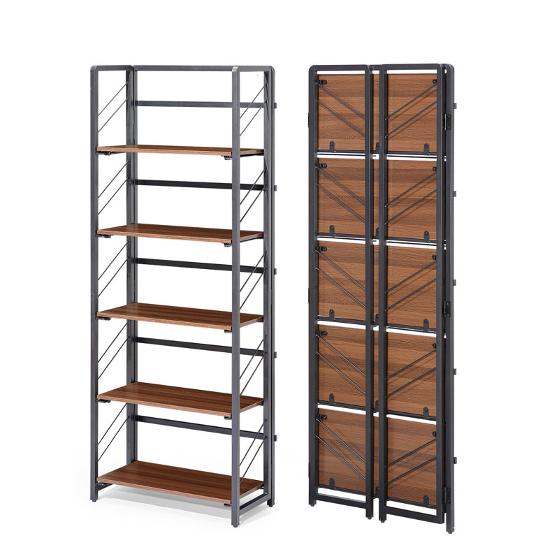 Black Frame with Brown Wood 5-Tier Folding Office Bookshelf Vintage Bookcase Storage Rack Sturdy Metal Frame Space-Saving Organizer