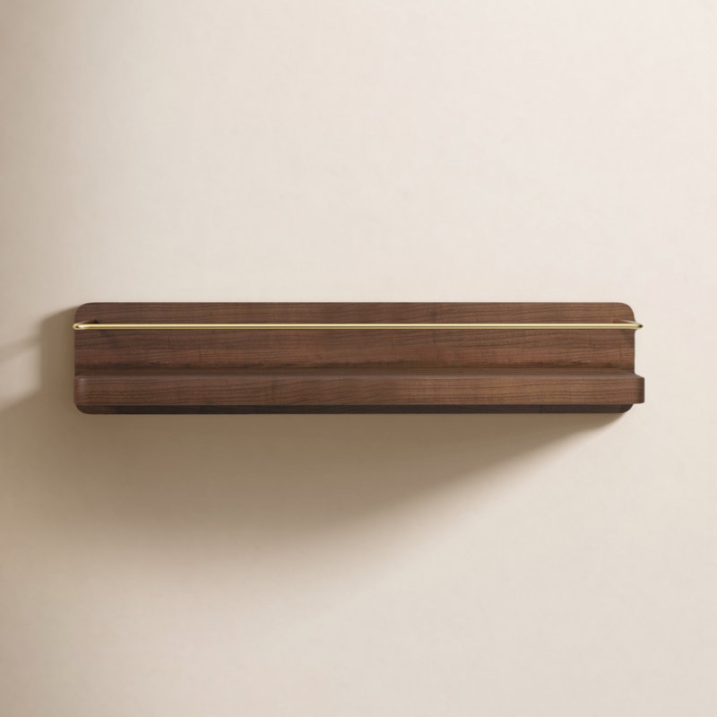 Dandre Modern Brass Wooden Shelf, 3.2" H x 24" W x 5.6" D, Walnut