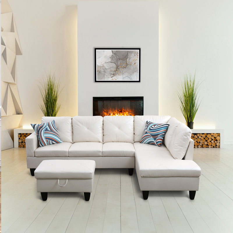 Almatine 3 - Piece Vegan Leather Chaise Sectional, White Faux leather, Right Hand Facing
